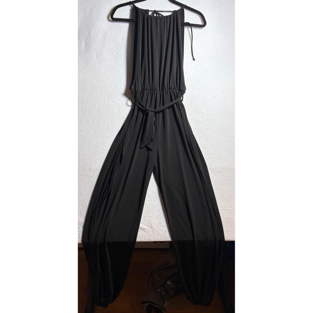 Zenana Black Halter Neck Jumpsuit Open Back High Slit Harem Leg Small - Picture 2 of 10